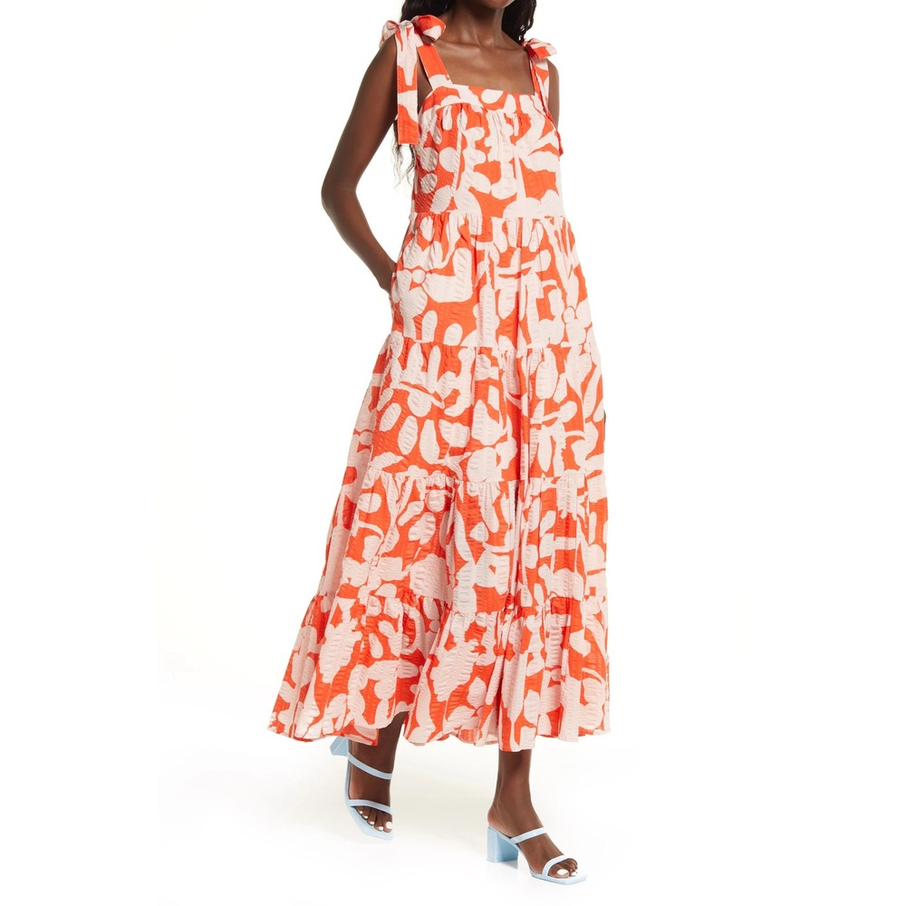 Nordstrom Cristina Martinez Orange Pink Floral Tiered Maxi Dress Sz M NO464105MI